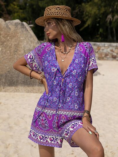 Tied Printed Short Sleeve Romper