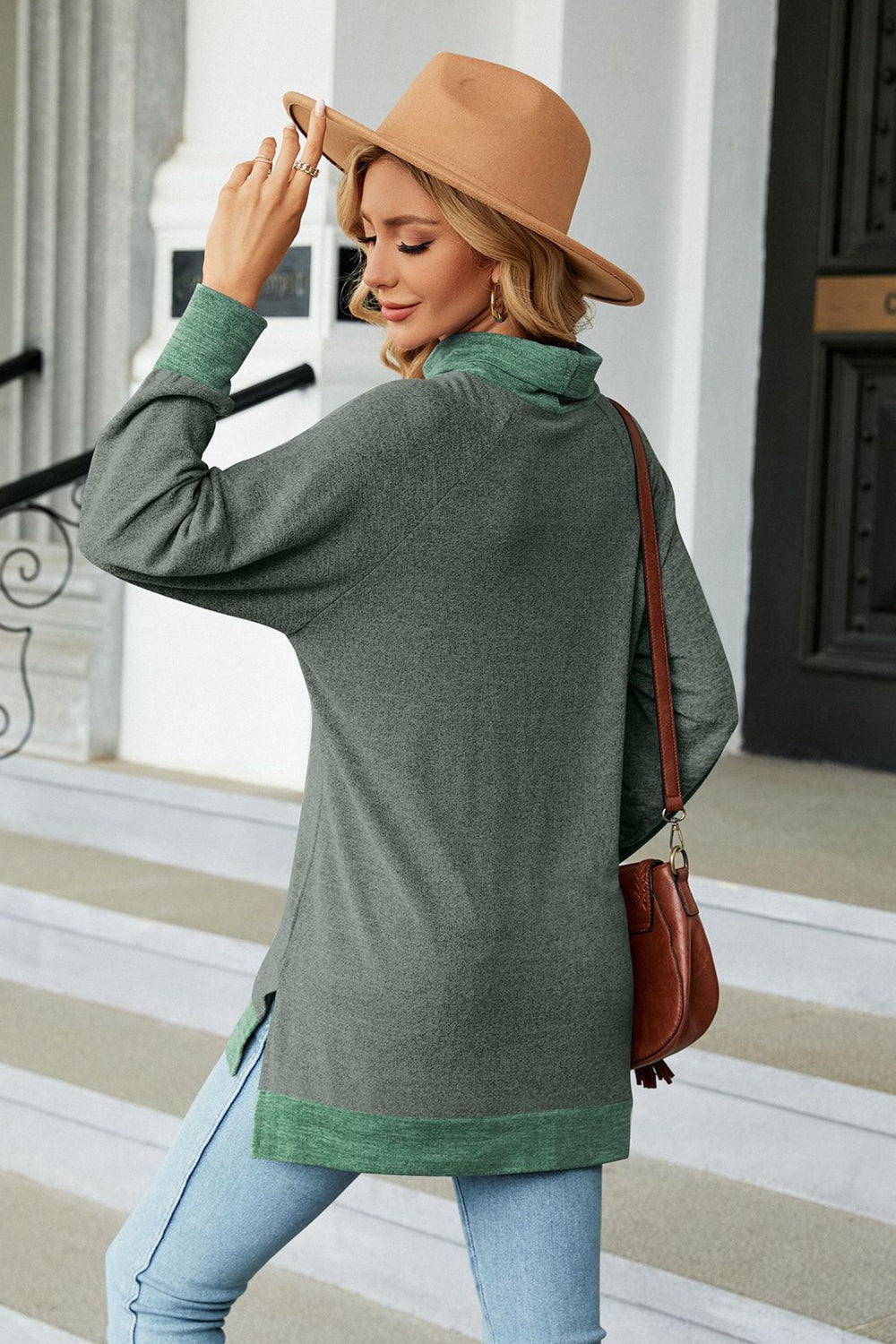 Turtle Neck Long Sleeve Slit Blouse