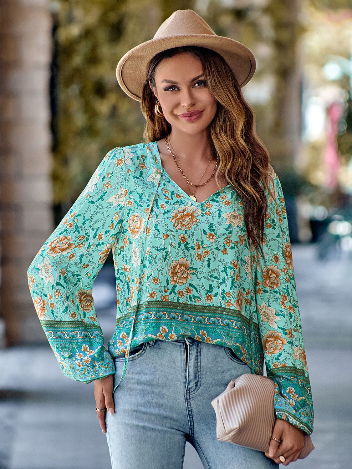 Printed Tie Neck Long Sleeve Blouse