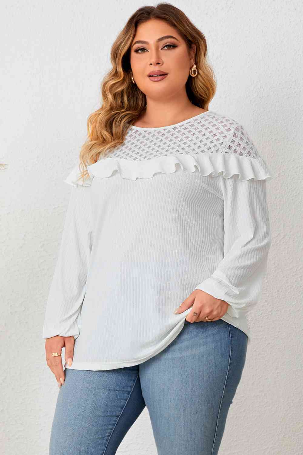 Plus Size Ruffled Round Neck Long Sleeve Blouse