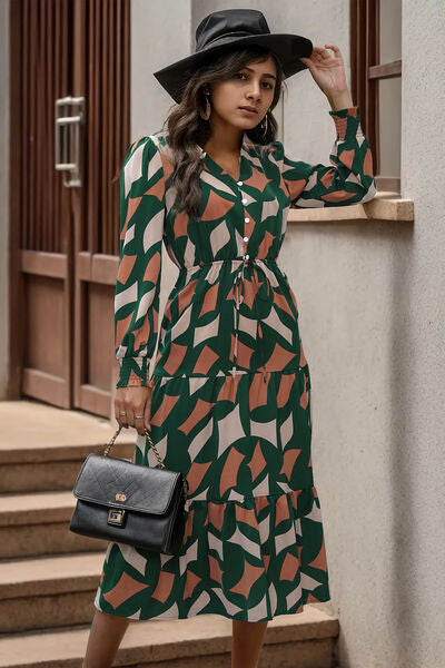 Printed Tied Pocketed Lantern Sleeve Dress