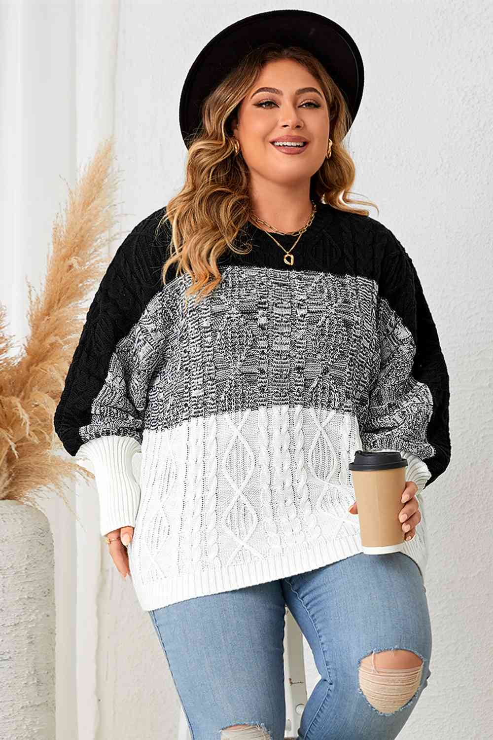 Plus Size Color Block Round Neck Cable-Knit Sweater