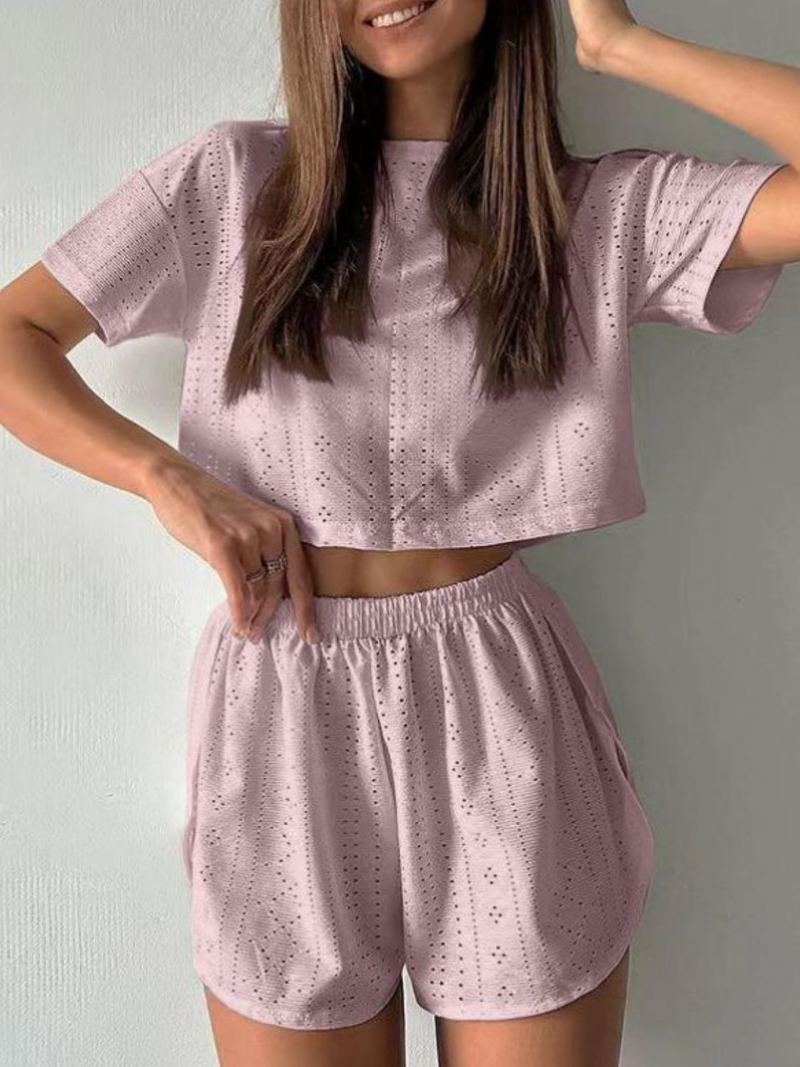 Eyelet Round Neck Top and Shorts Set