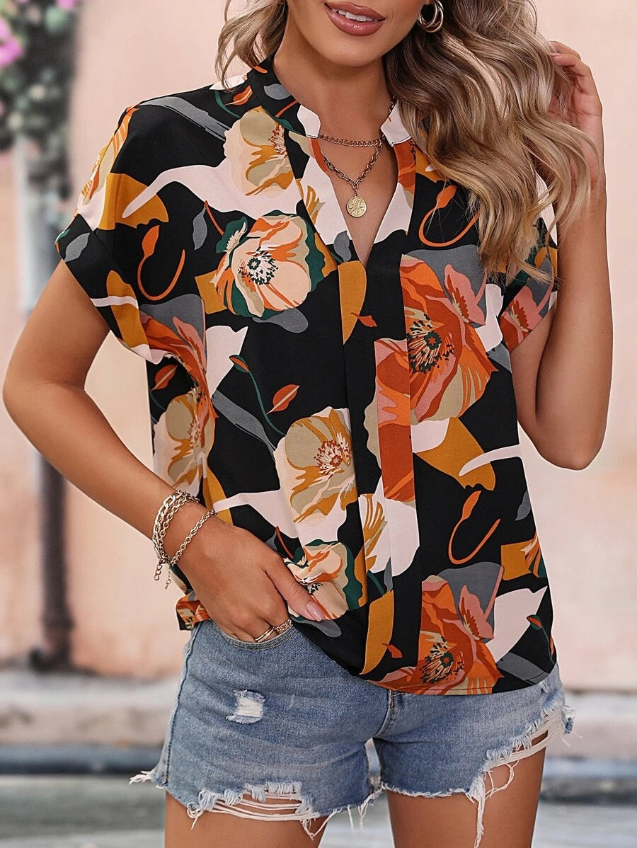 Printed Notched Neck Short Sleeve Blouse