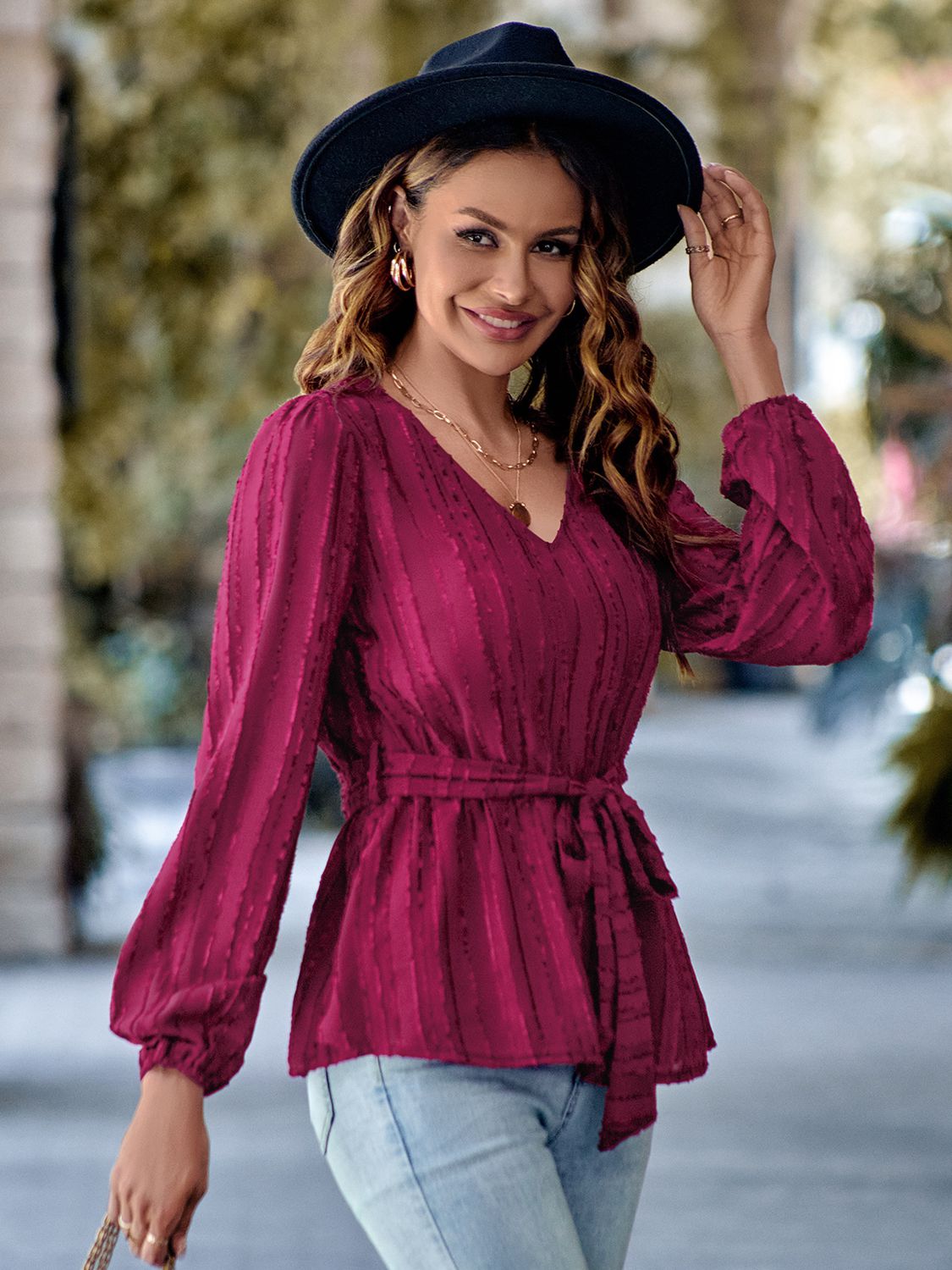 V-Neck Tie Waist Long Sleeve Blouse