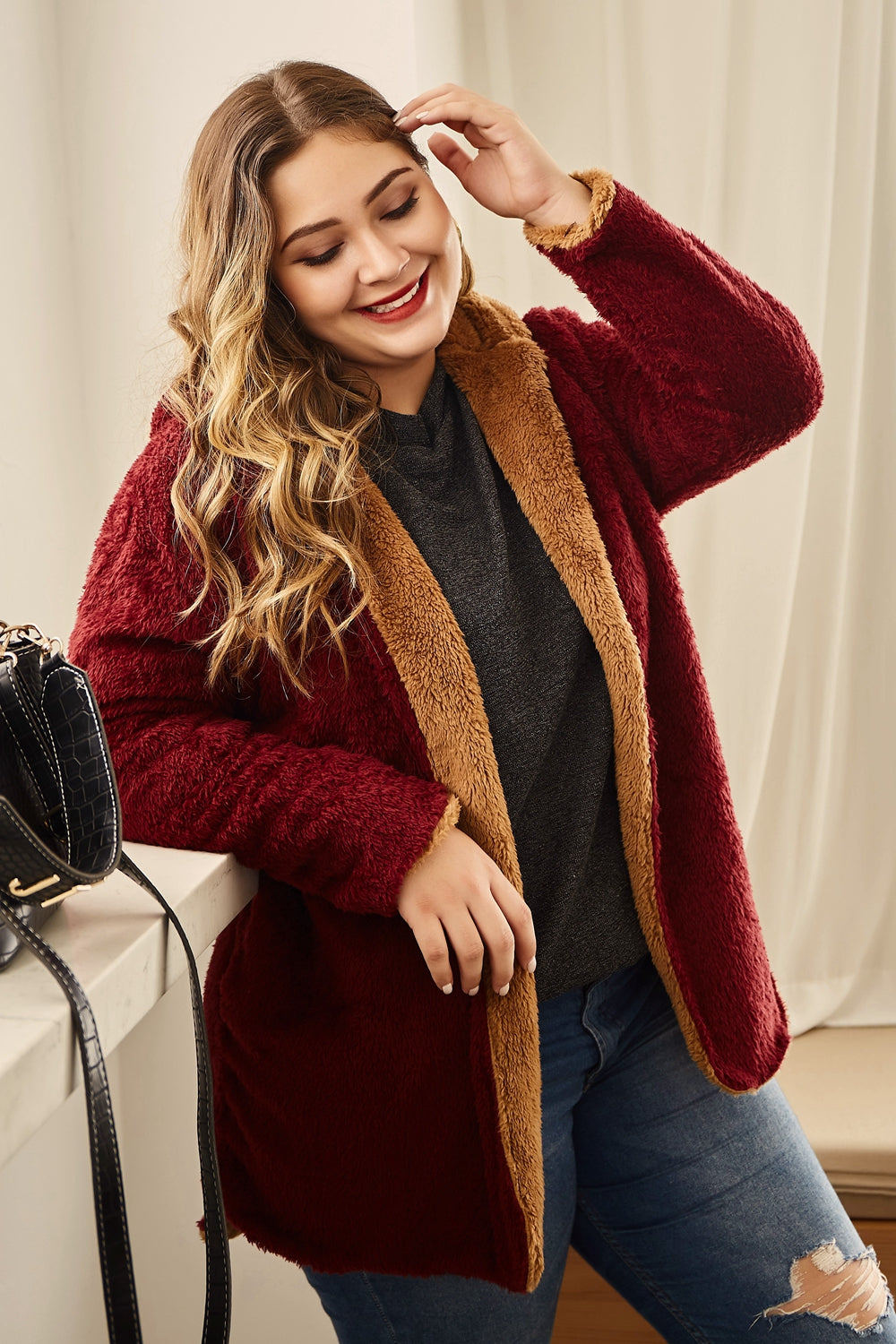 Plus Size Hooded Longline Teddy Jacket