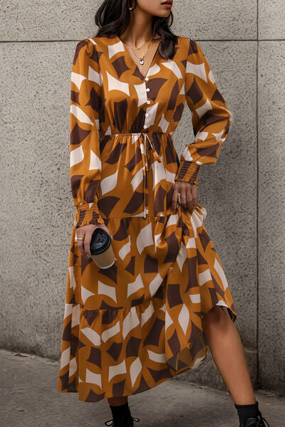 Printed Tied Pocketed Lantern Sleeve Dress