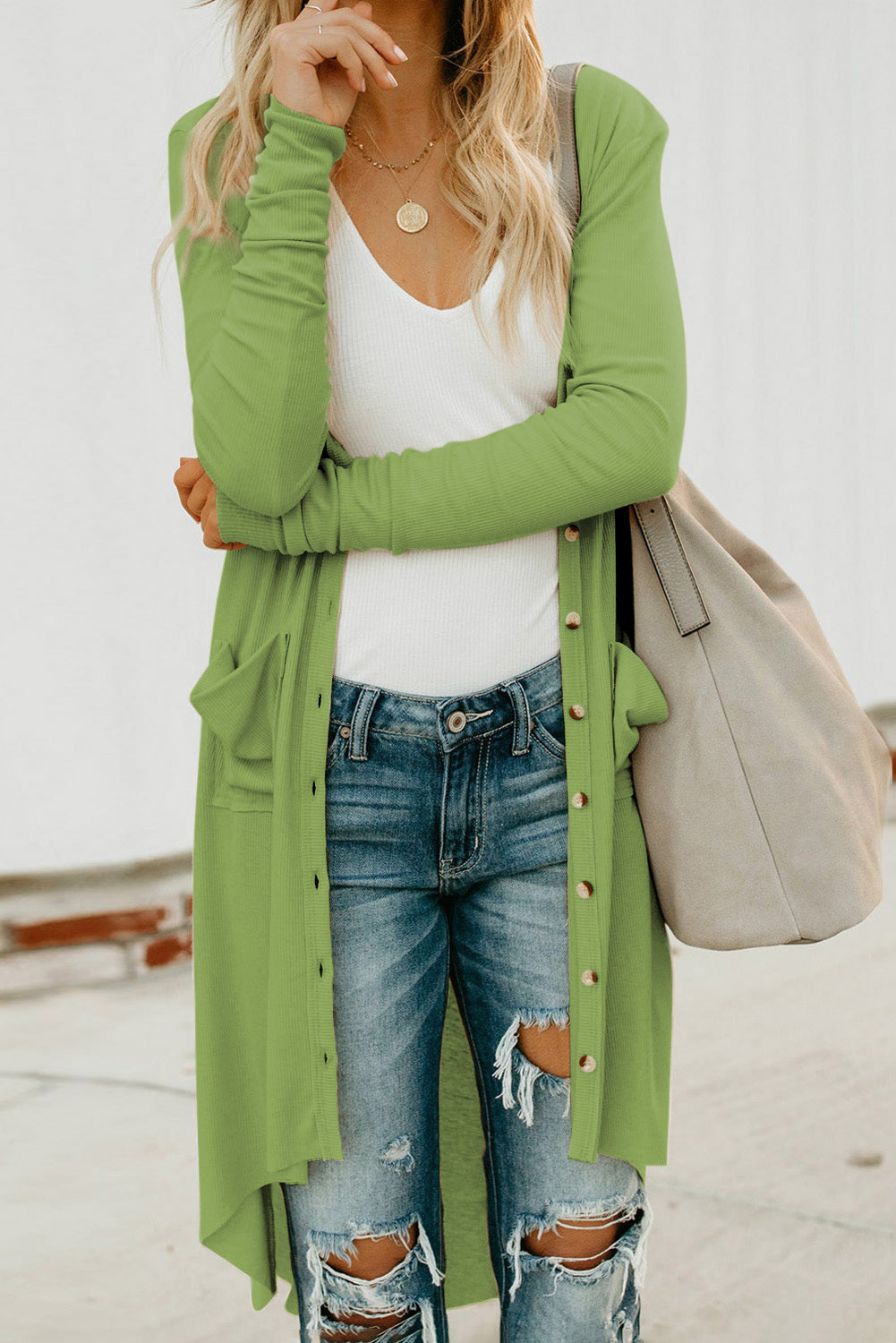 V-Neck Long Sleeve Cardigan with Pocket