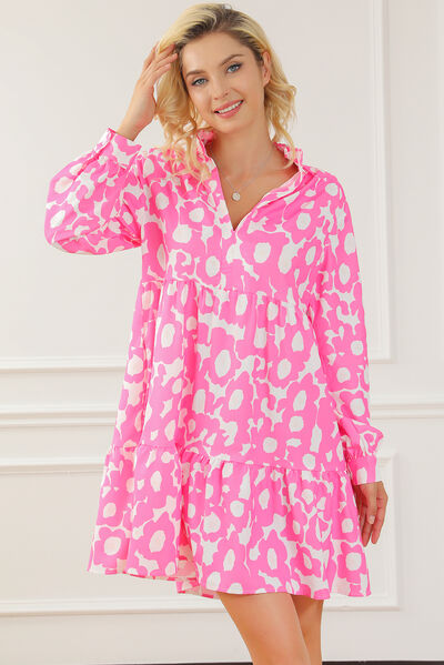 Ruched Printed V-Neck Tiered Dress