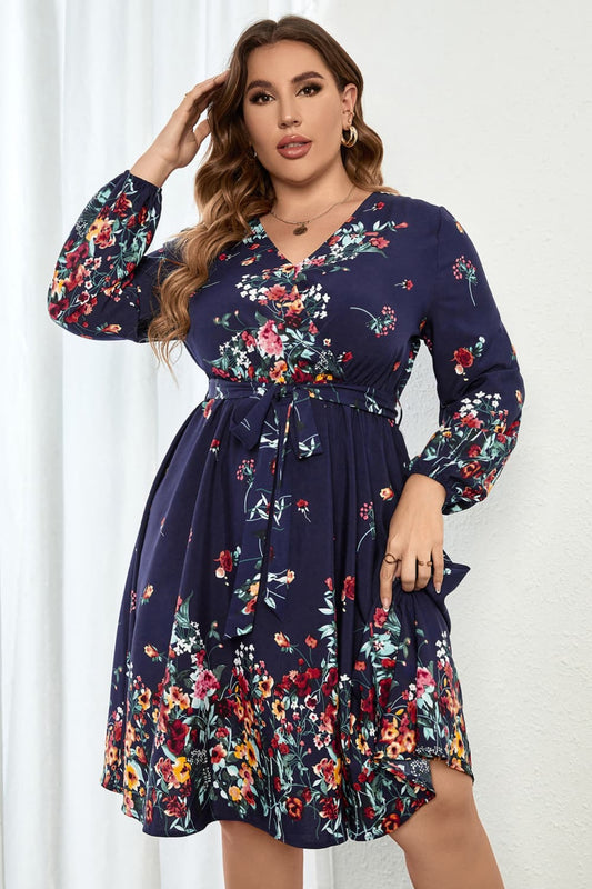 Plus Size Floral Tie Waist Long Sleeve Dress