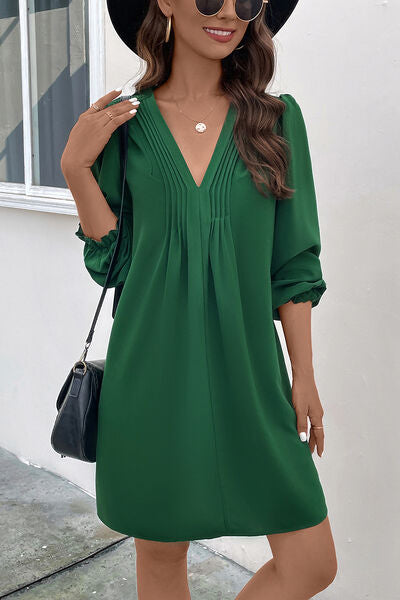 Ruched V-Neck Flounce Sleeve Dress