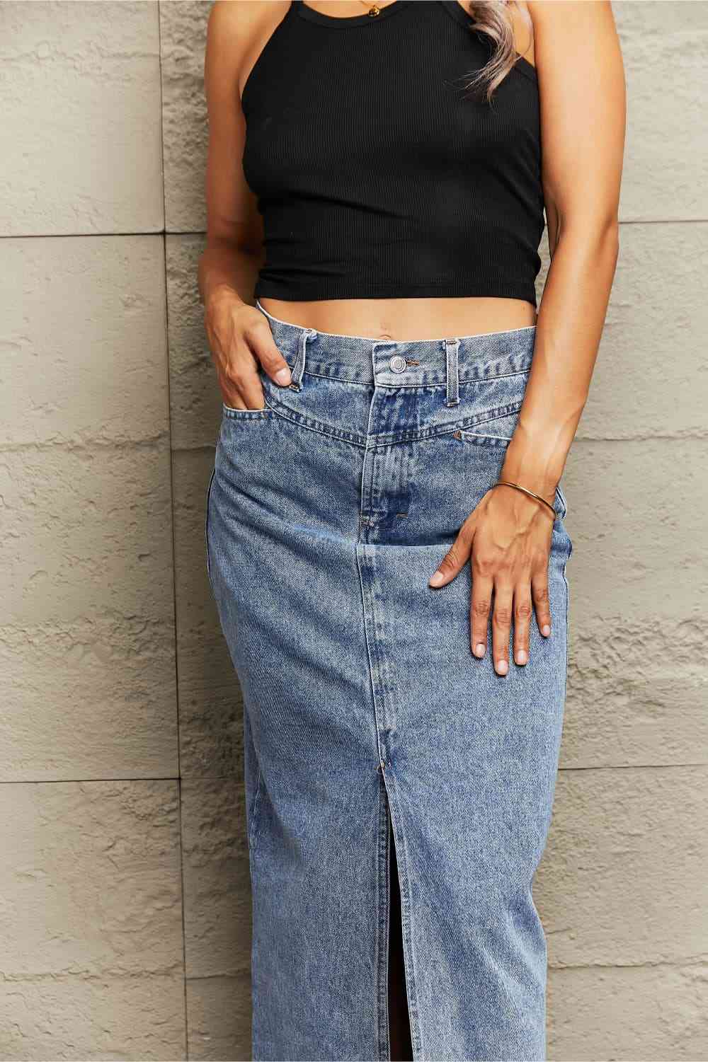 Front Slit Maxi Denim Skirt