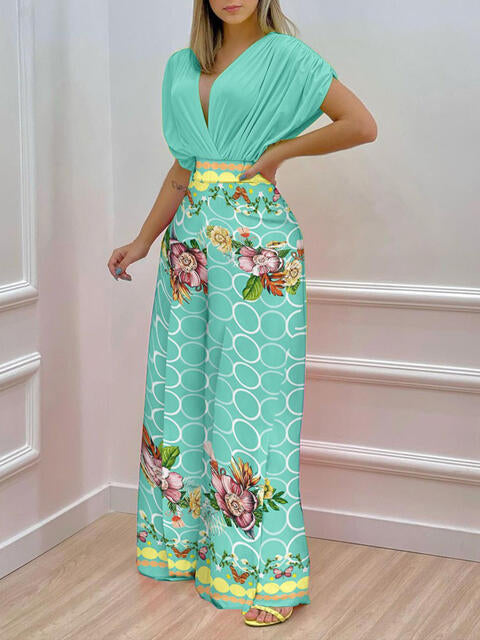 Printed Surplice Top and Wide Leg Pants Set