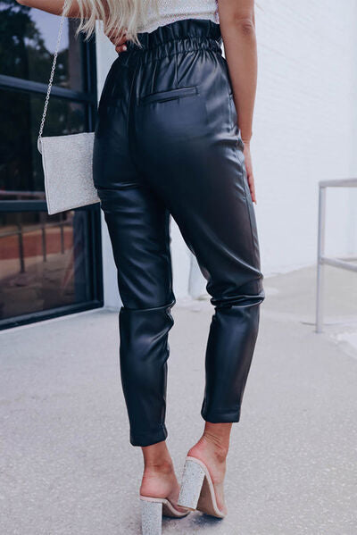 Smocked High Waist Faux Leather Skinny Pants