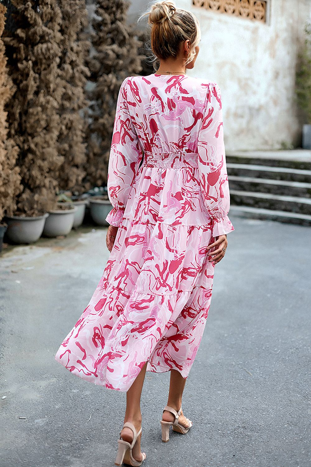 Printed Surplice Neck Flounce Sleeve Midi Dress