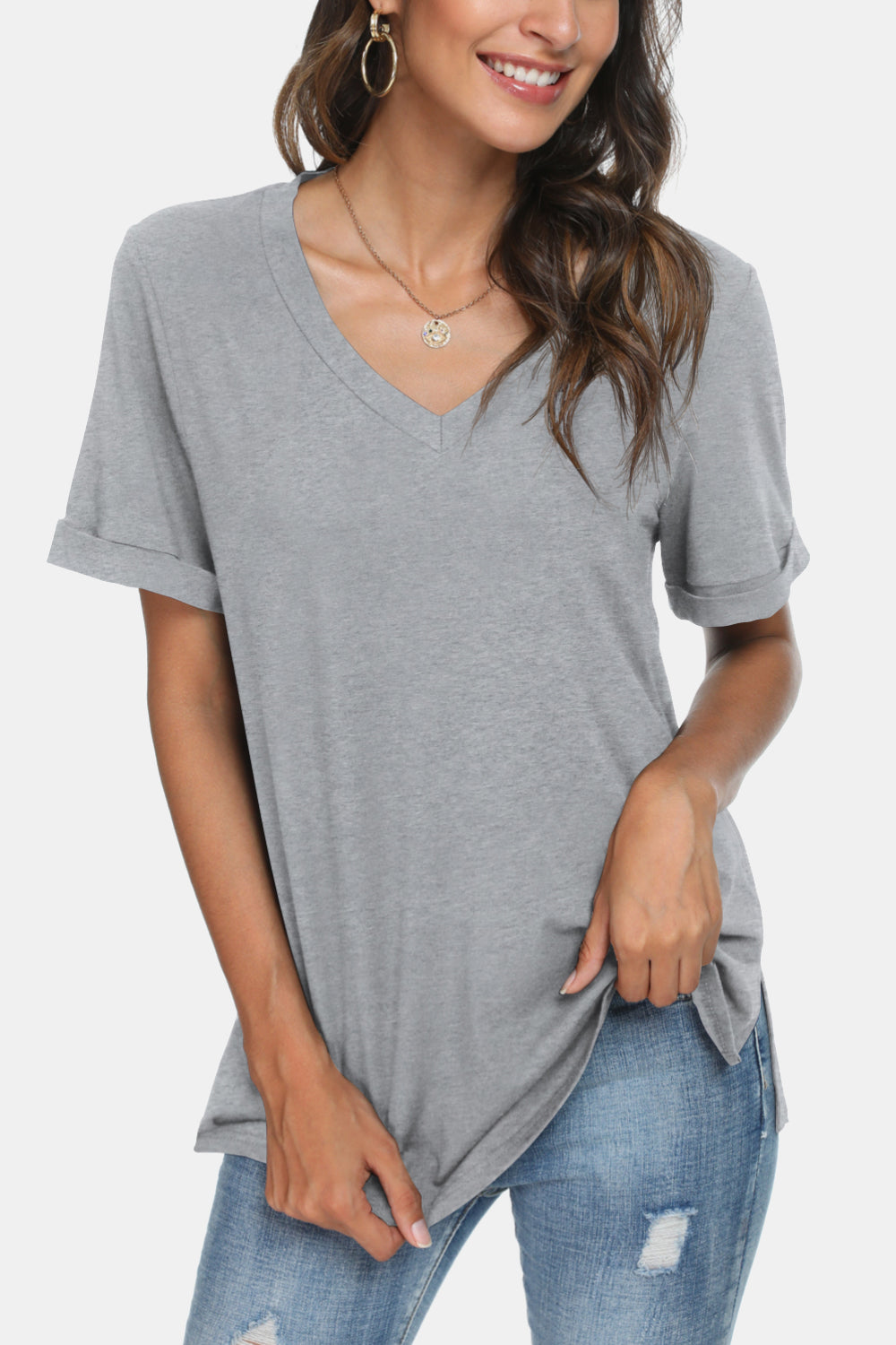 V-Neck Short Sleeve Slit T-Shirt