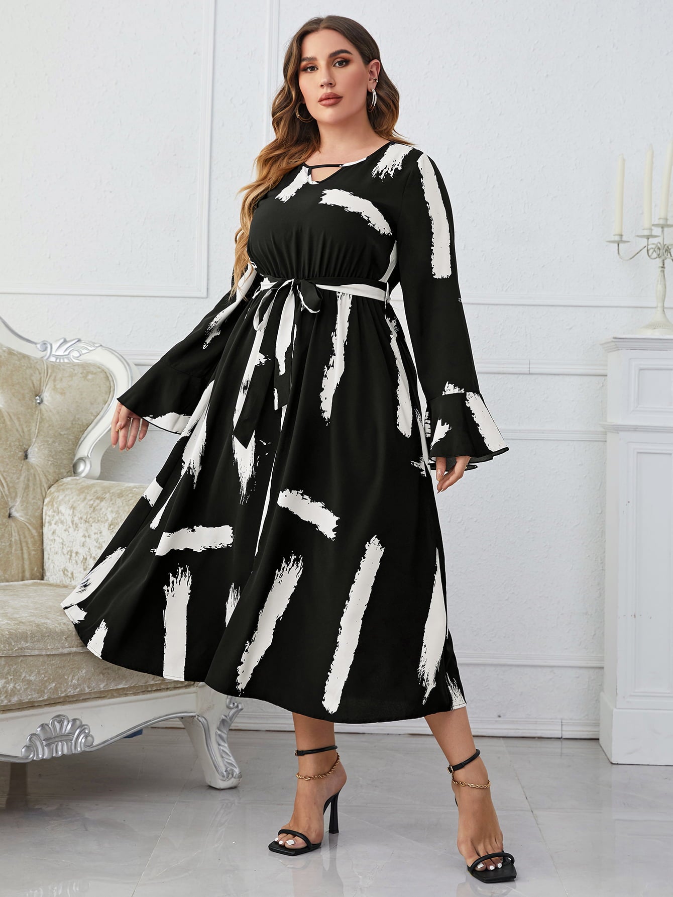 Plus Size Printed Tie Belt Flare Sleeve Round Neck Midi Dress