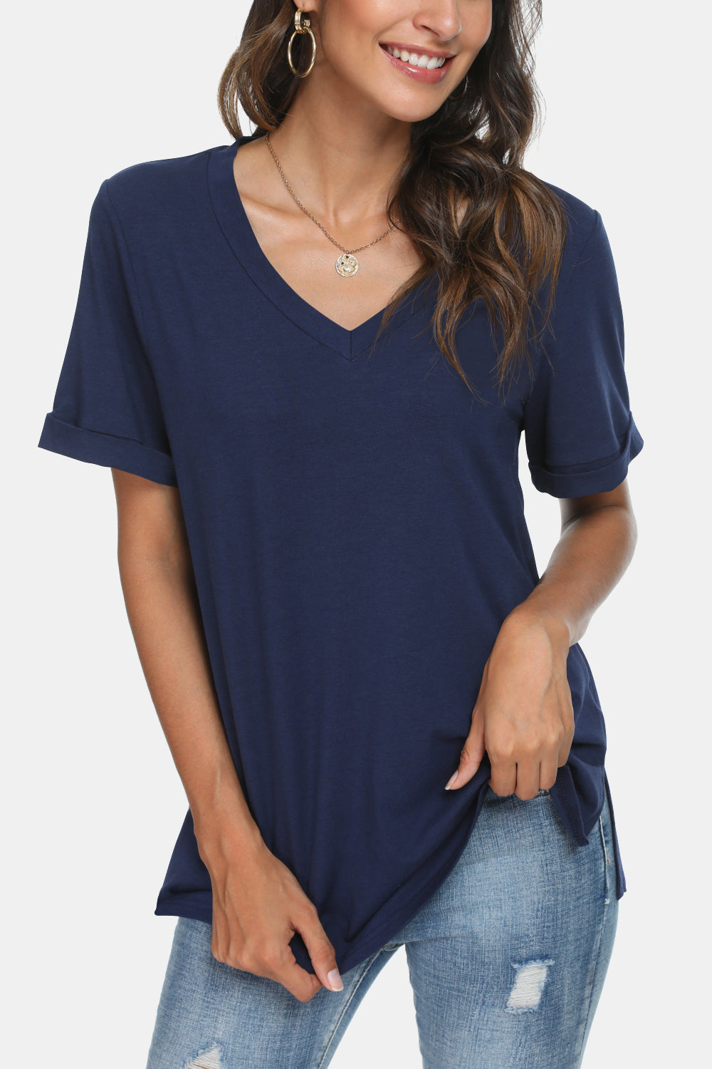 V-Neck Short Sleeve Slit T-Shirt