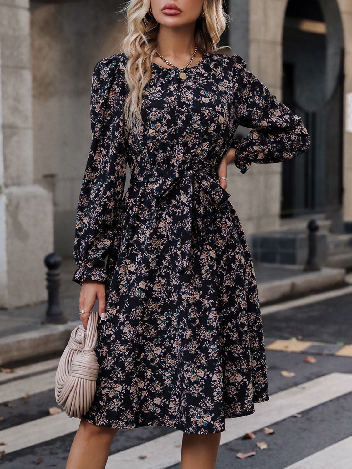 Printed Tie Belt Balloon Sleeve Dress