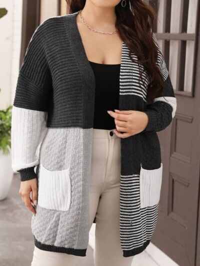 Plus Size Color Block Pocketed Dropped Shoulder Cardigan