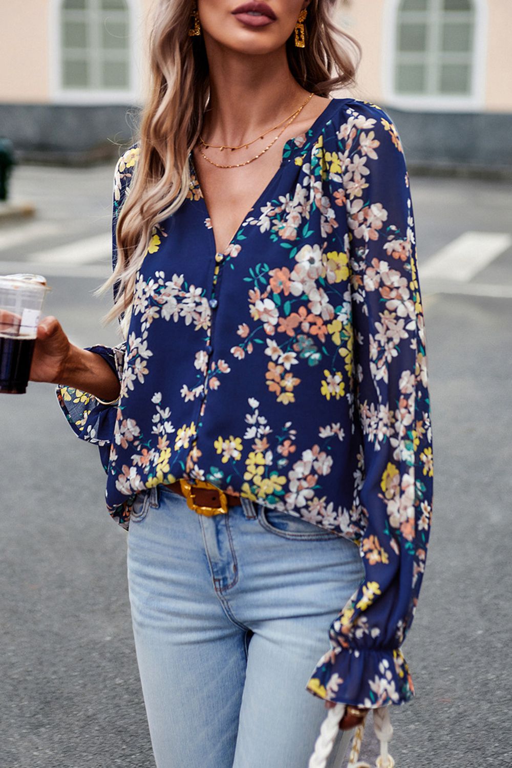 Floral Print Flounce Sleeve Blouse