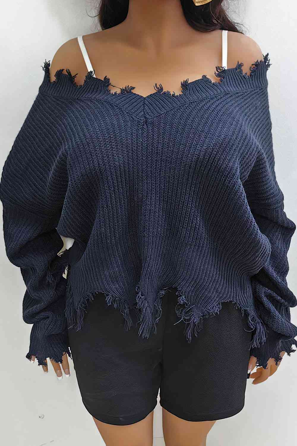 Plus Size Fringe V-Neck Raglan Sleeve Sweater