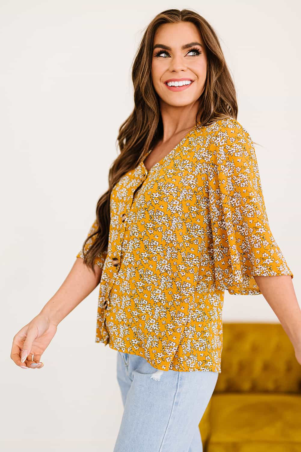 Printed Button Front Flare Sleeve Blouse